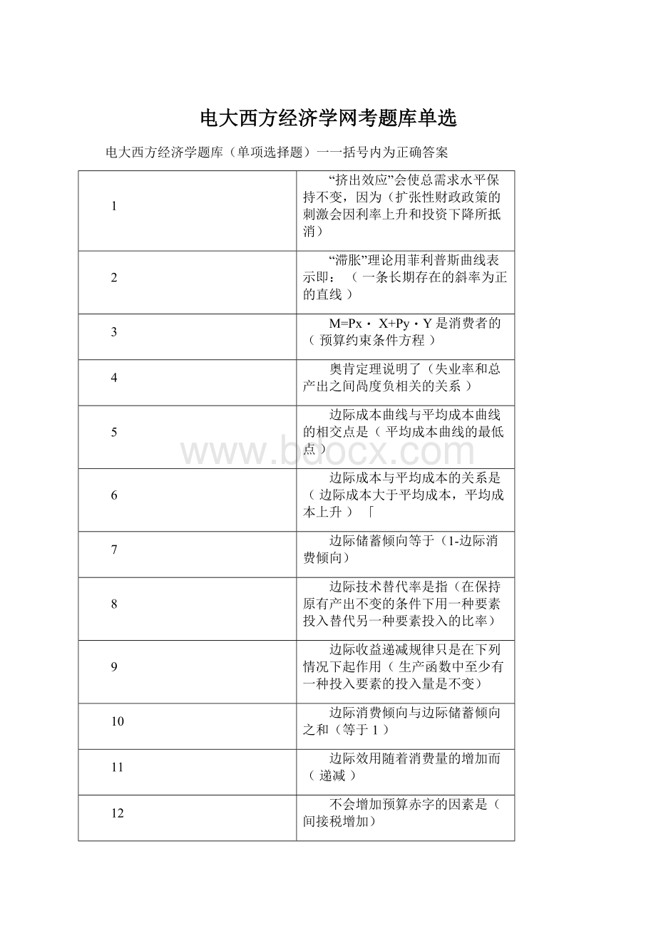 电大西方经济学网考题库单选.docx_第1页