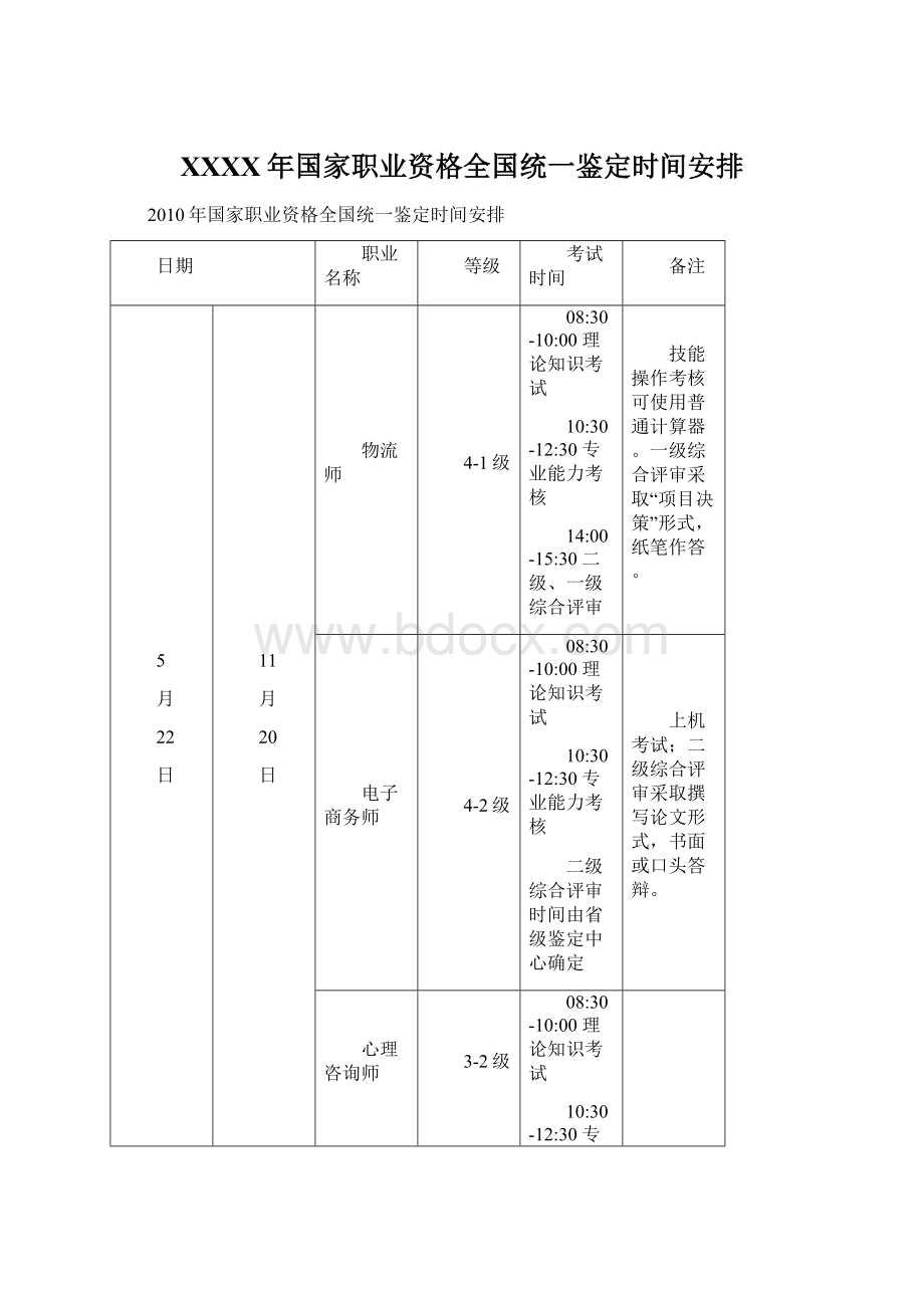 XXXX年国家职业资格全国统一鉴定时间安排文档格式.docx_第1页