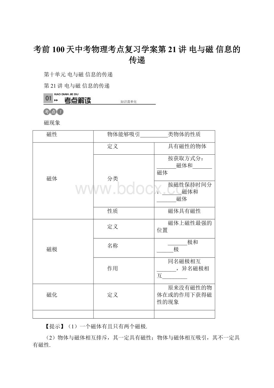 考前100天中考物理考点复习学案第21讲 电与磁 信息的传递Word文档下载推荐.docx_第1页