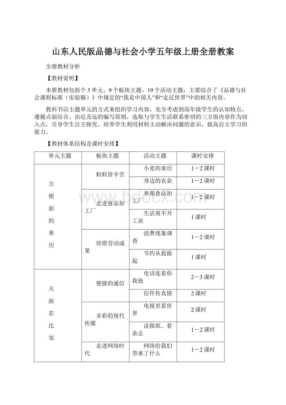 山东人民版品德与社会小学五年级上册全册教案Word文档格式.docx