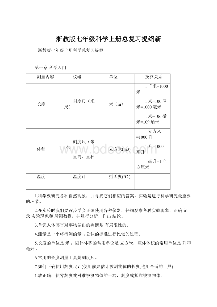 浙教版七年级科学上册总复习提纲新.docx