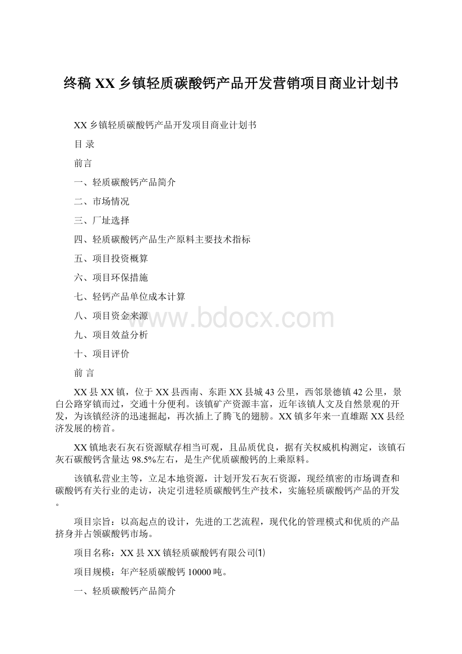 终稿XX乡镇轻质碳酸钙产品开发营销项目商业计划书Word格式.docx