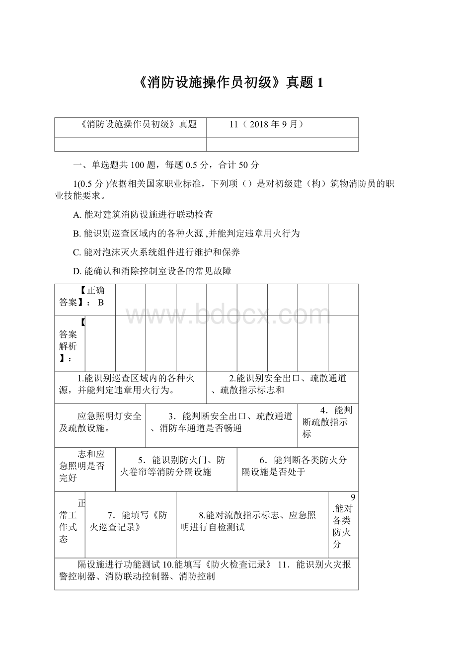 《消防设施操作员初级》真题1Word格式.docx