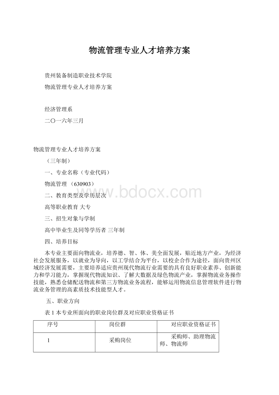 物流管理专业人才培养方案Word文档下载推荐.docx_第1页