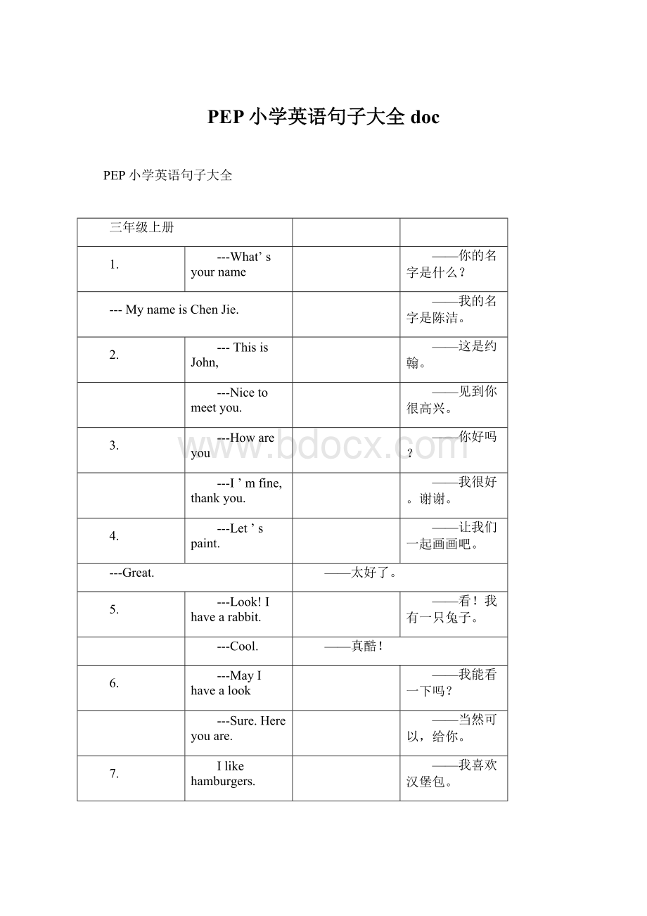 PEP小学英语句子大全docWord下载.docx