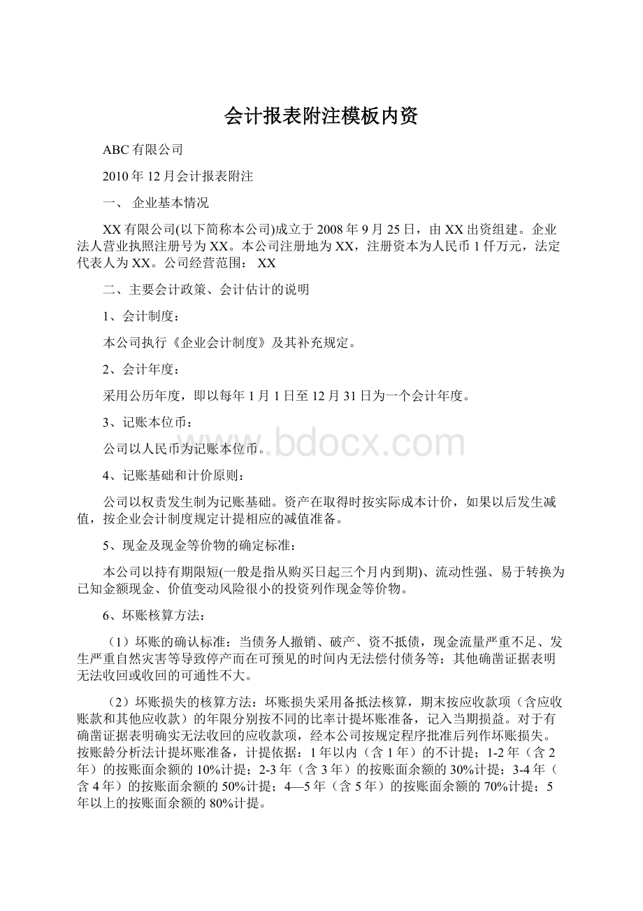 会计报表附注模板内资Word文档格式.docx