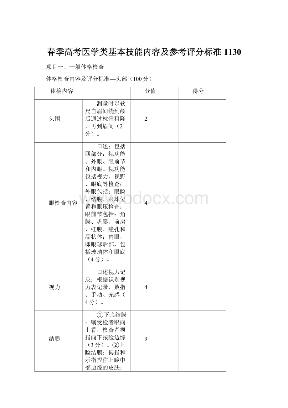 春季高考医学类基本技能内容及参考评分标准1130Word格式.docx