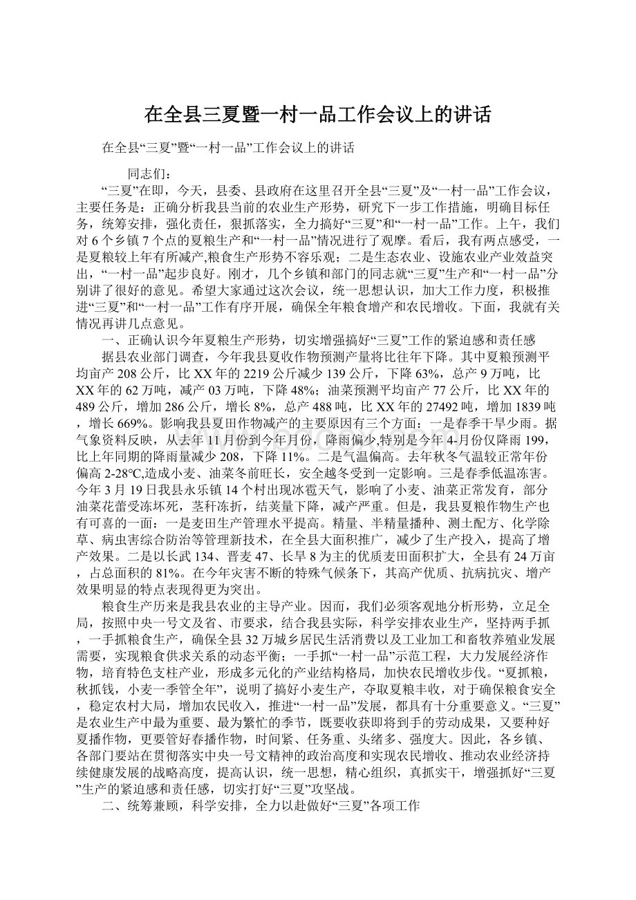 在全县三夏暨一村一品工作会议上的讲话Word文件下载.docx