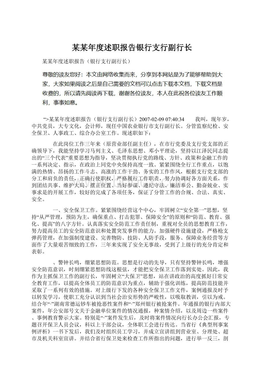 某某年度述职报告银行支行副行长Word格式.docx