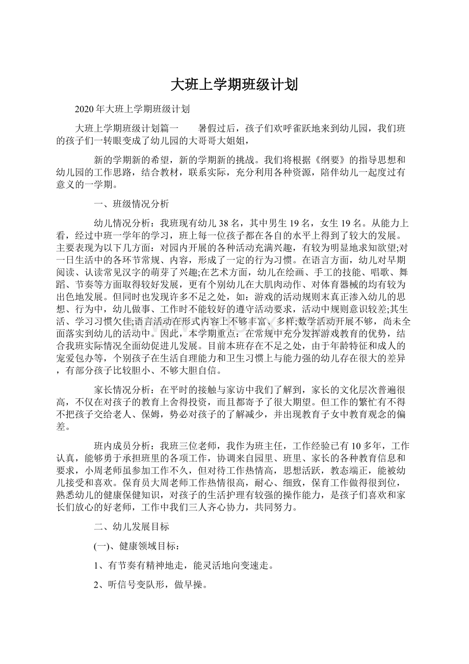 大班上学期班级计划Word文件下载.docx