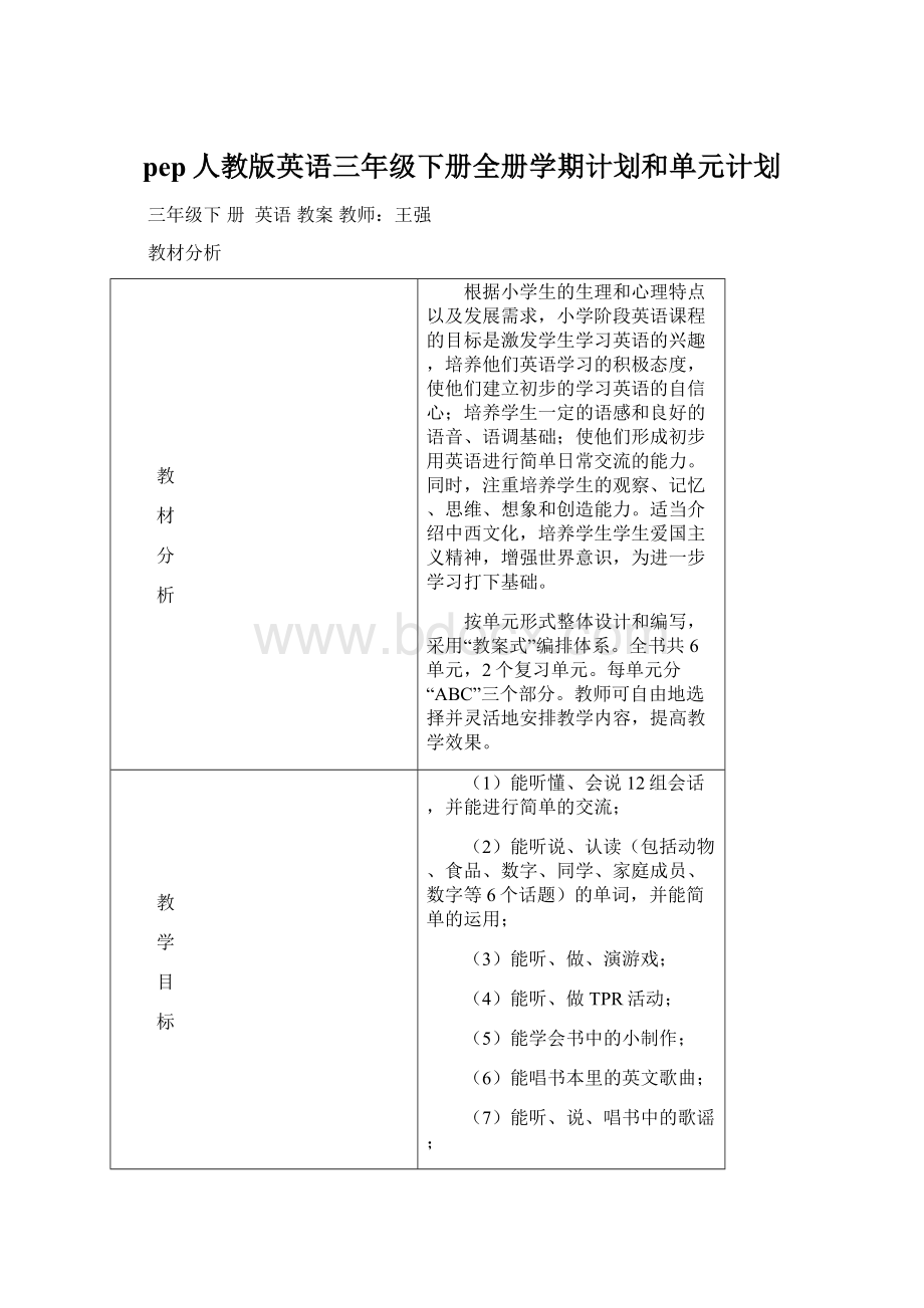 pep人教版英语三年级下册全册学期计划和单元计划Word格式.docx