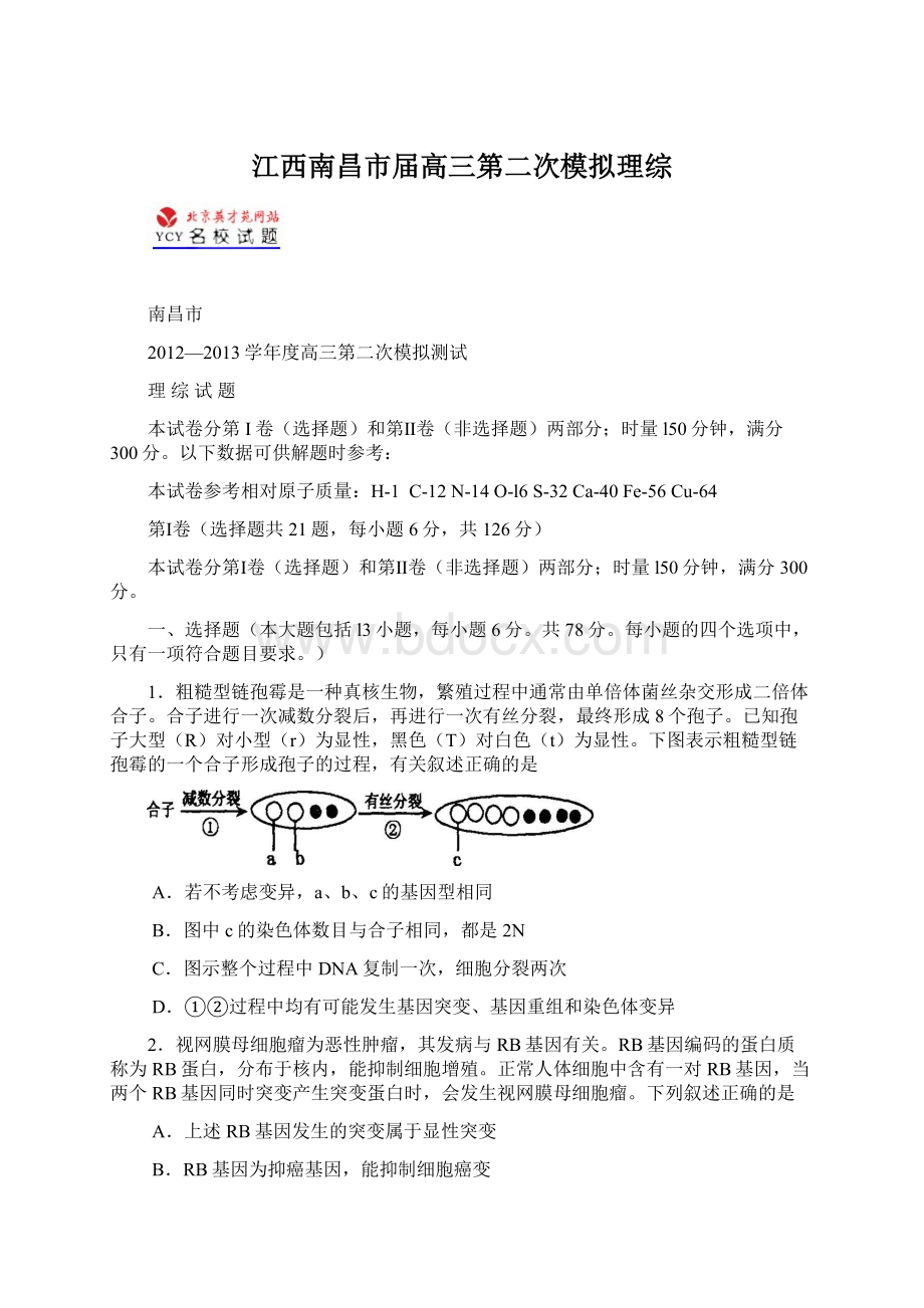 江西南昌市届高三第二次模拟理综.docx