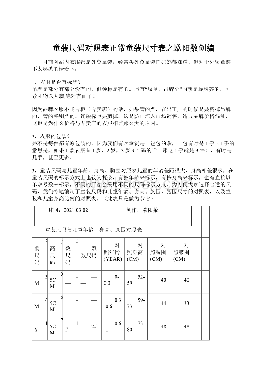 童装尺码对照表正常童装尺寸表之欧阳数创编.docx