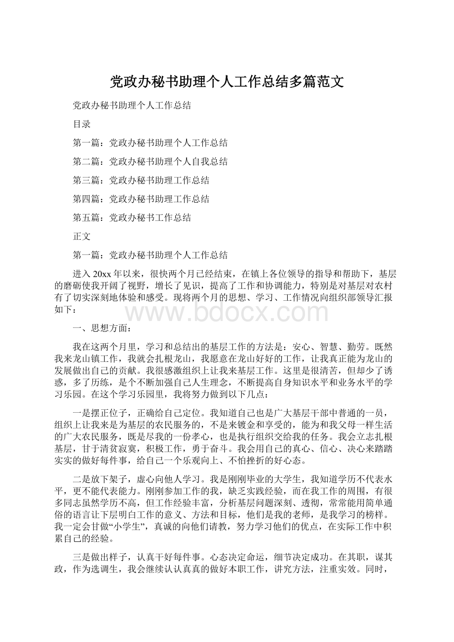 党政办秘书助理个人工作总结多篇范文.docx