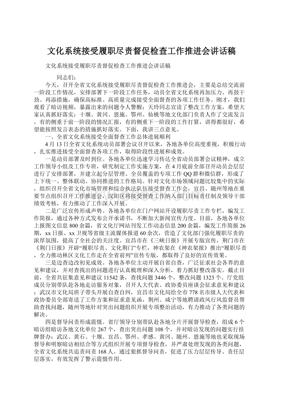 文化系统接受履职尽责督促检查工作推进会讲话稿Word文档下载推荐.docx