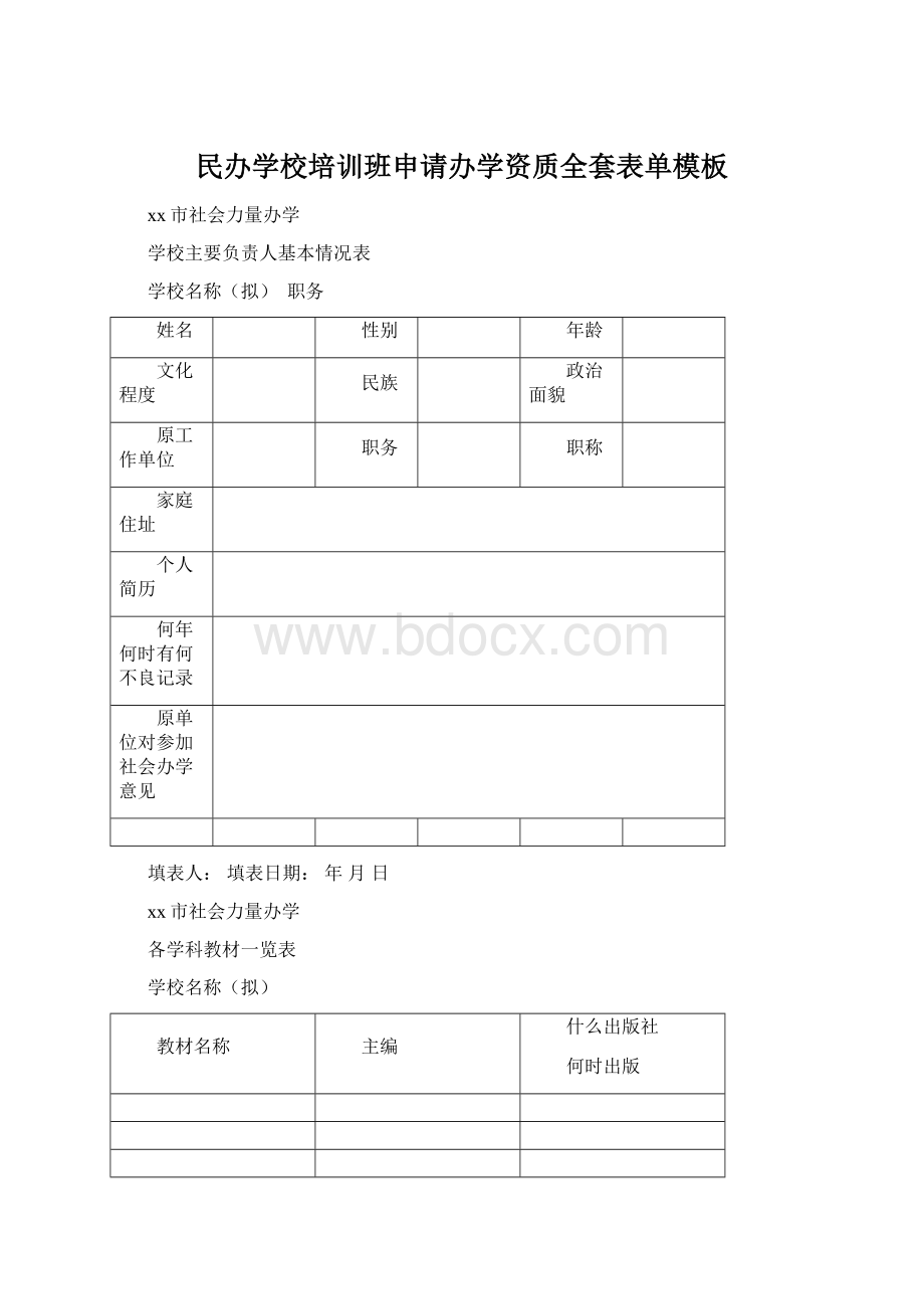 民办学校培训班申请办学资质全套表单模板.docx_第1页