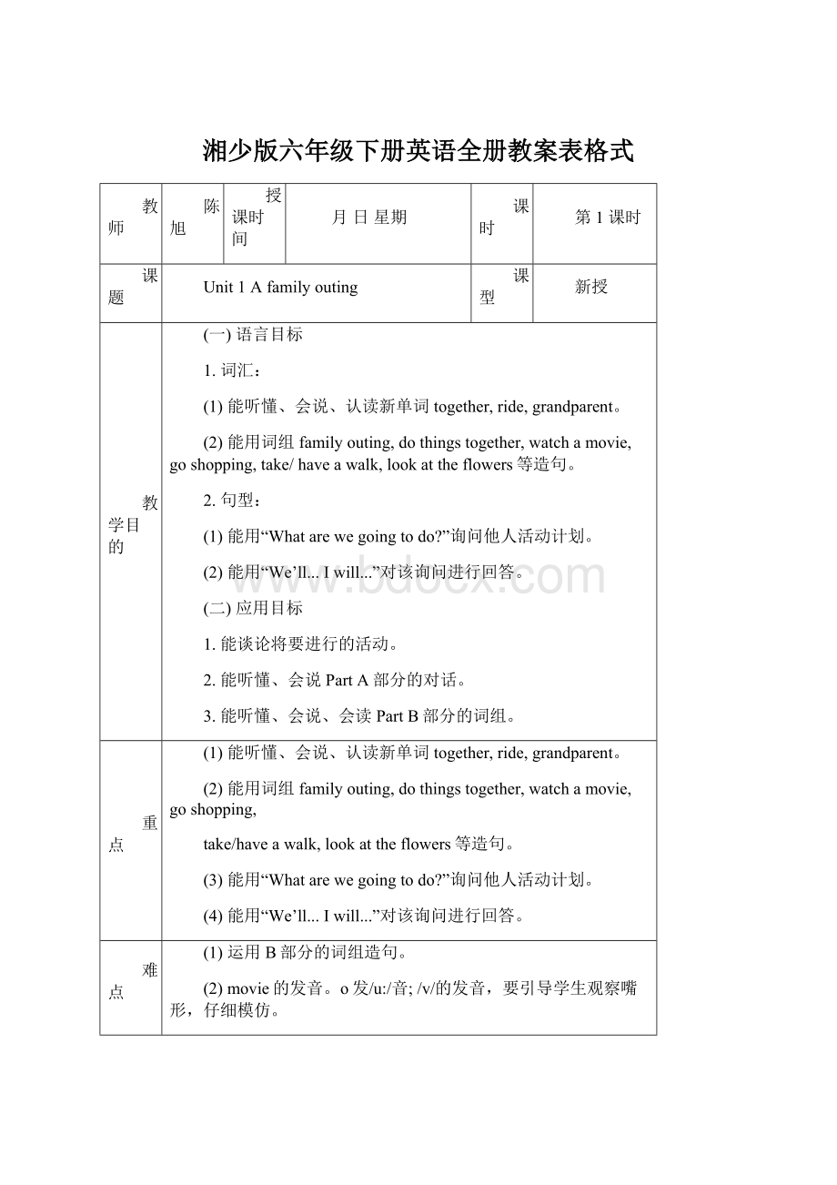 湘少版六年级下册英语全册教案表格式.docx_第1页