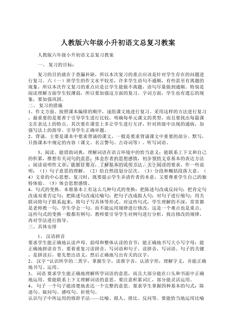 人教版六年级小升初语文总复习教案.docx