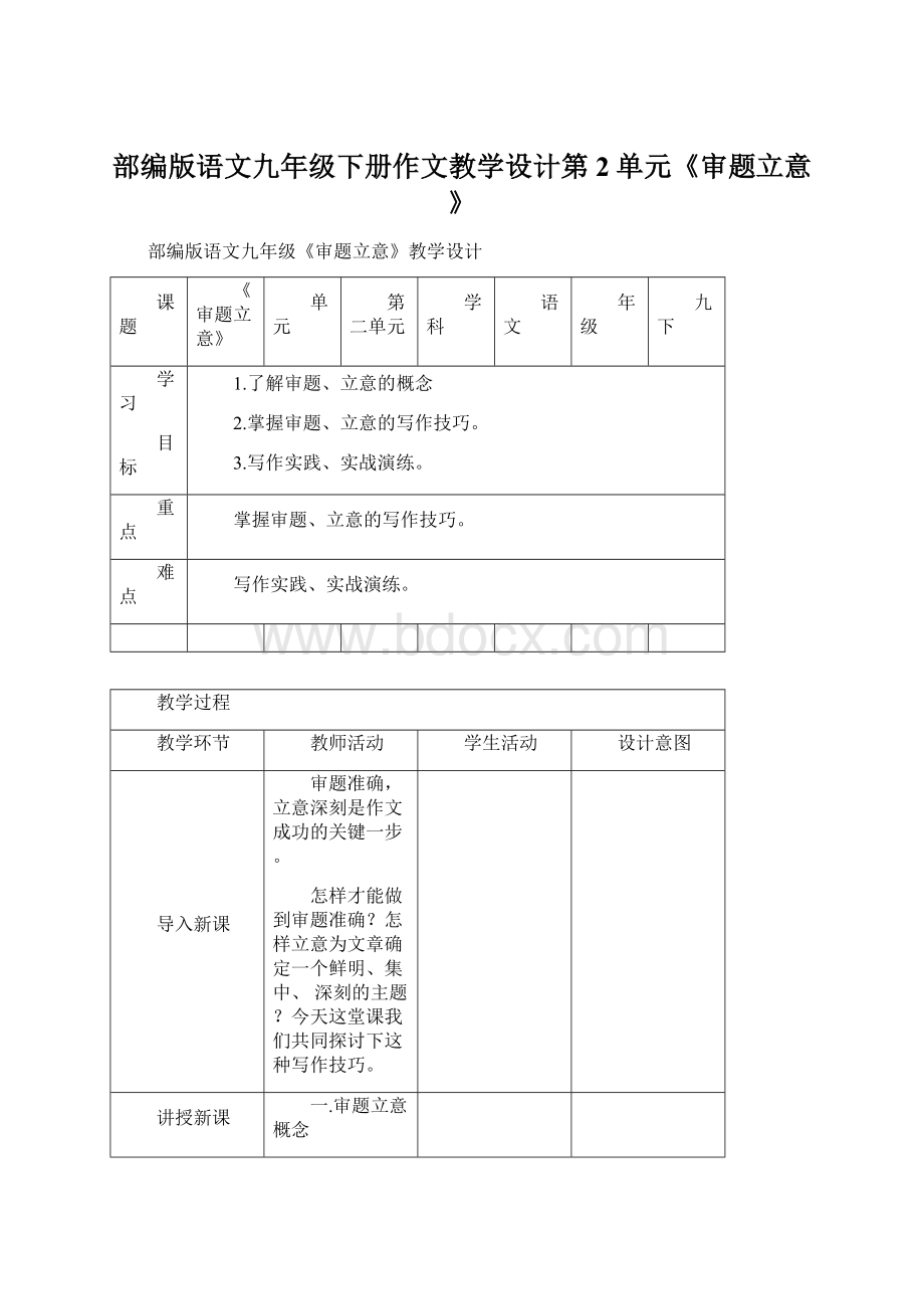 部编版语文九年级下册作文教学设计第2单元《审题立意》.docx_第1页