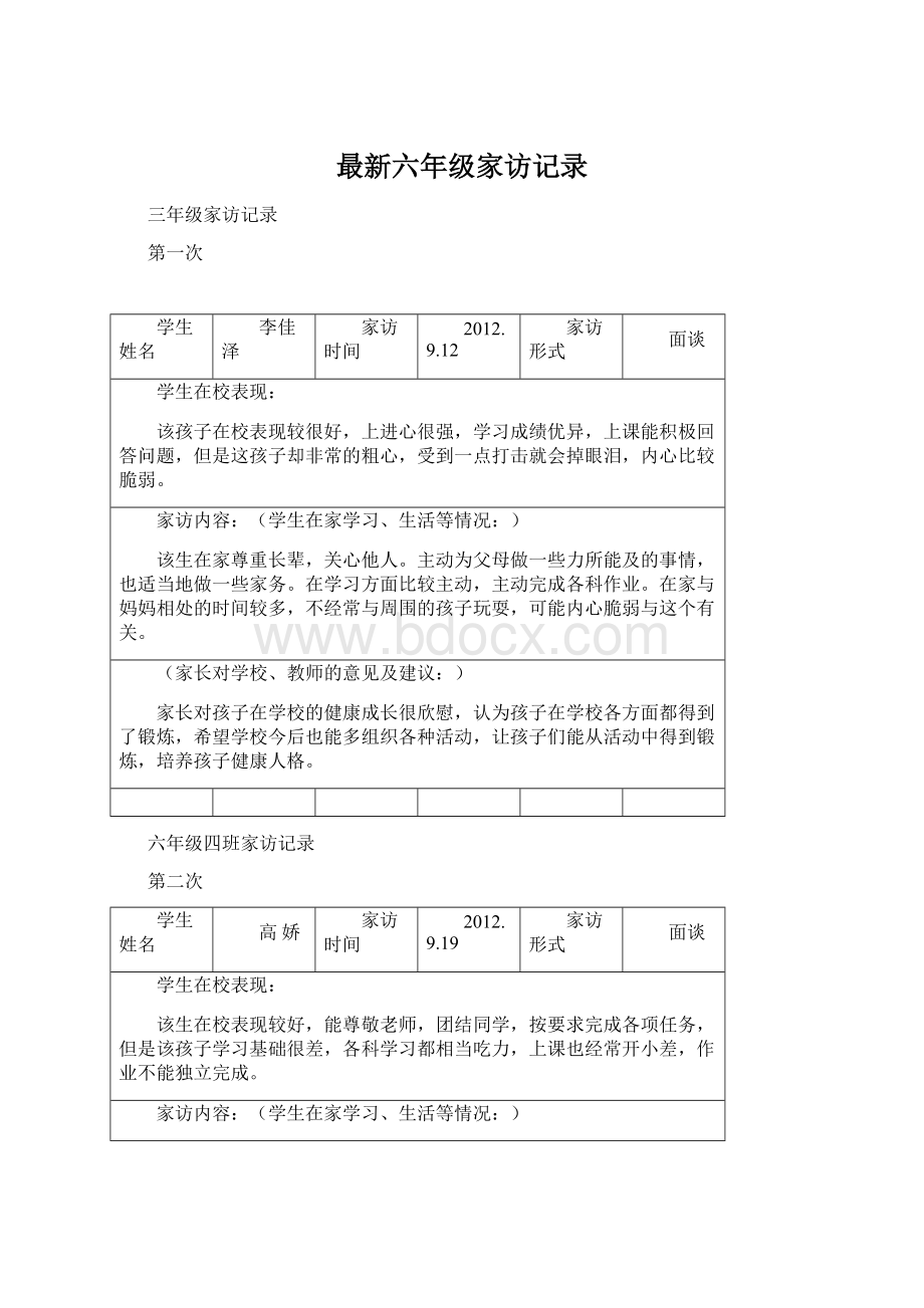 最新六年级家访记录.docx