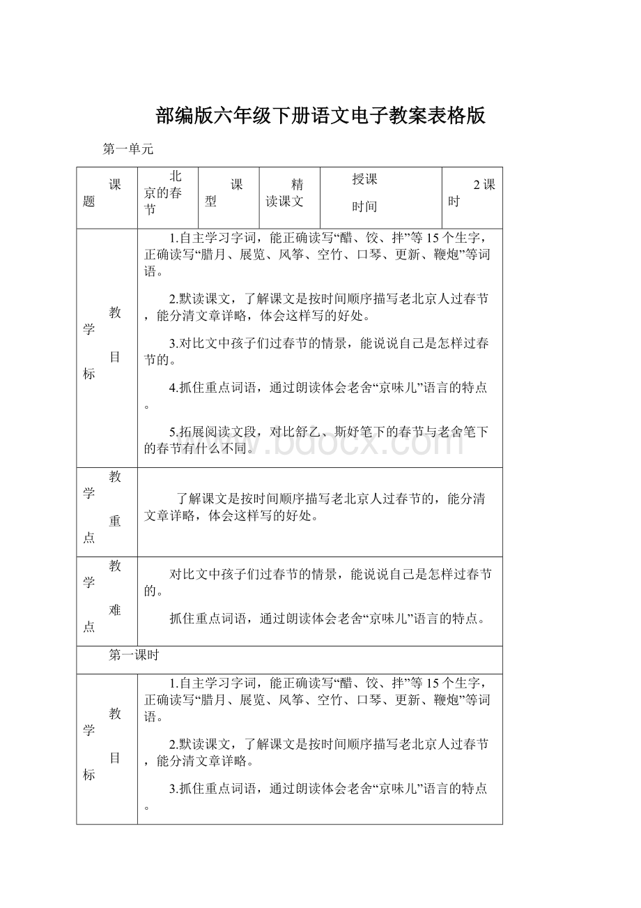 部编版六年级下册语文电子教案表格版Word文档格式.docx_第1页