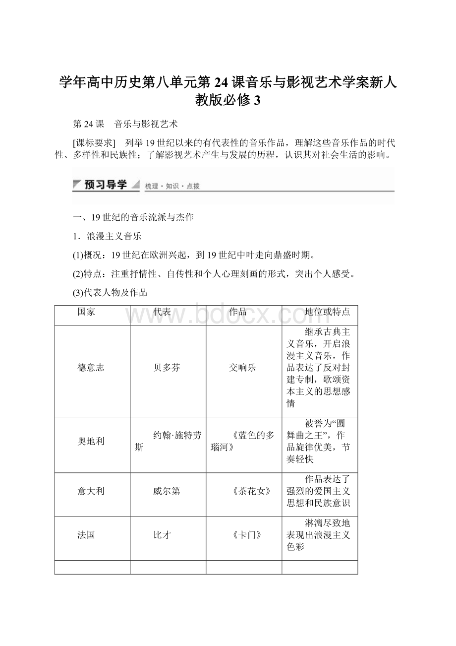 学年高中历史第八单元第24课音乐与影视艺术学案新人教版必修3Word文档下载推荐.docx_第1页