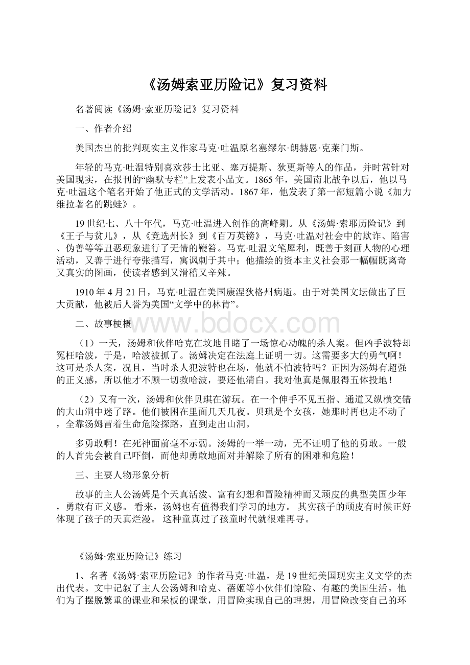 《汤姆索亚历险记》复习资料.docx