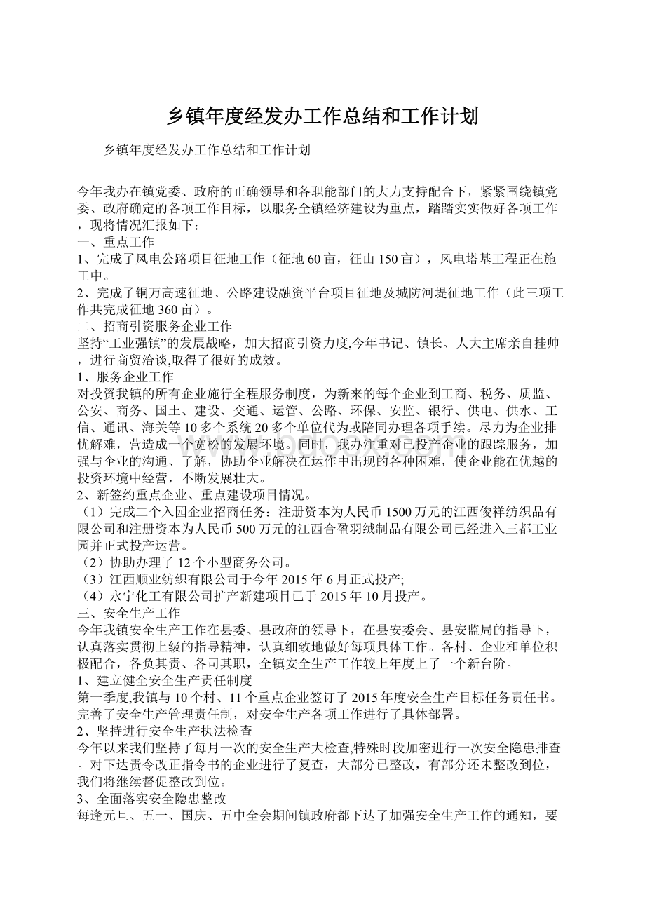 乡镇年度经发办工作总结和工作计划.docx