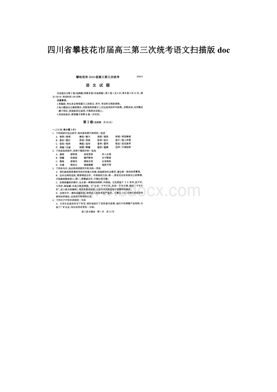 四川省攀枝花市届高三第三次统考语文扫描版docWord格式.docx