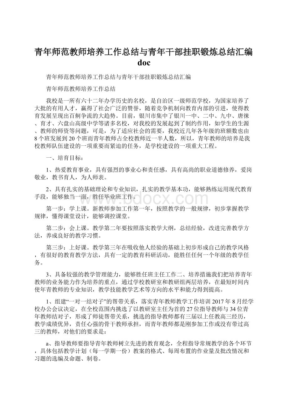 青年师范教师培养工作总结与青年干部挂职锻炼总结汇编doc.docx_第1页