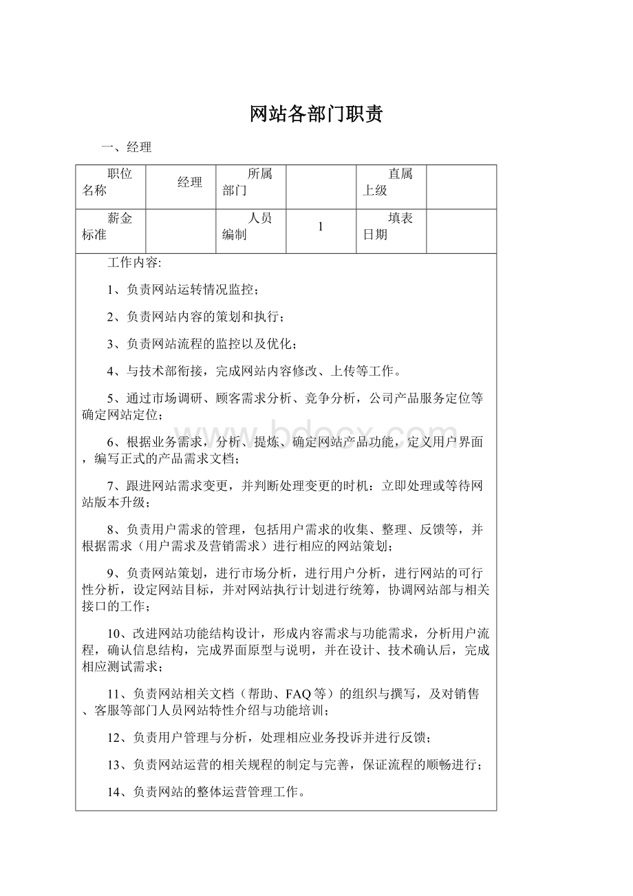 网站各部门职责Word格式.docx