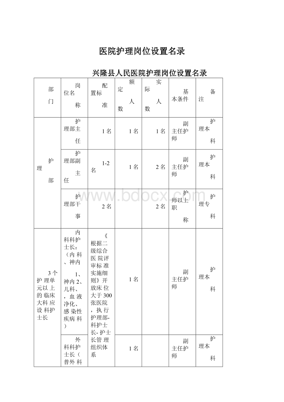 医院护理岗位设置名录Word下载.docx