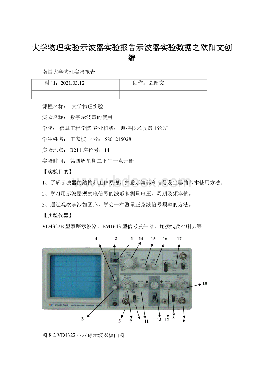 大学物理实验示波器实验报告示波器实验数据之欧阳文创编Word格式文档下载.docx