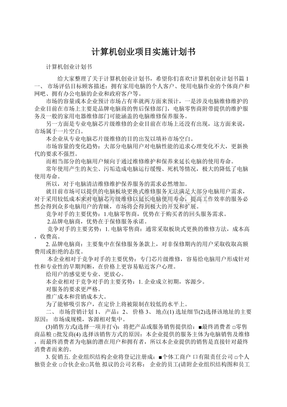 计算机创业项目实施计划书.docx