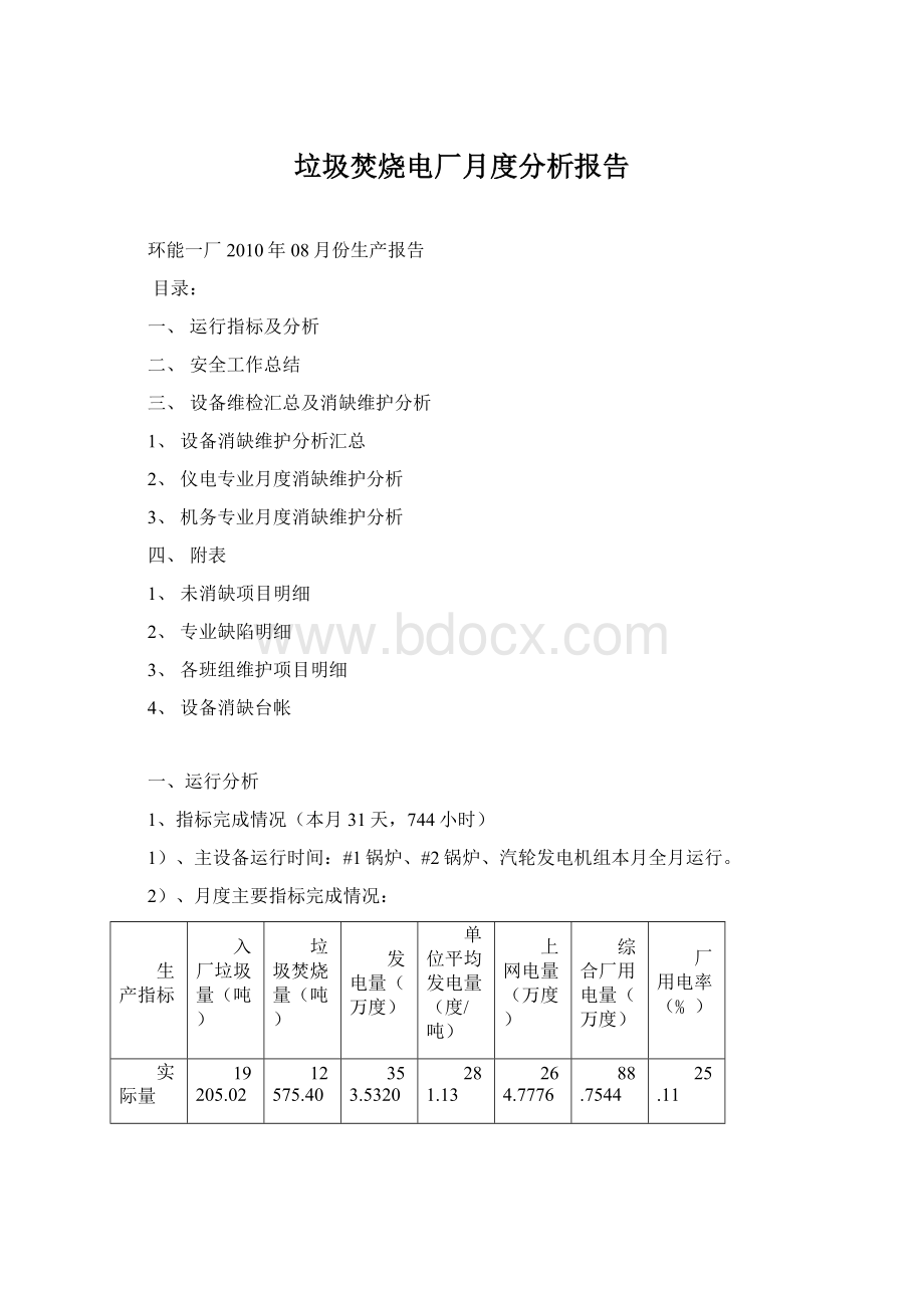 垃圾焚烧电厂月度分析报告.docx_第1页