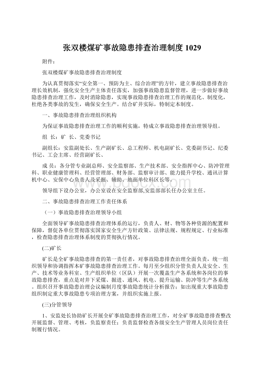 张双楼煤矿事故隐患排查治理制度1029Word下载.docx_第1页