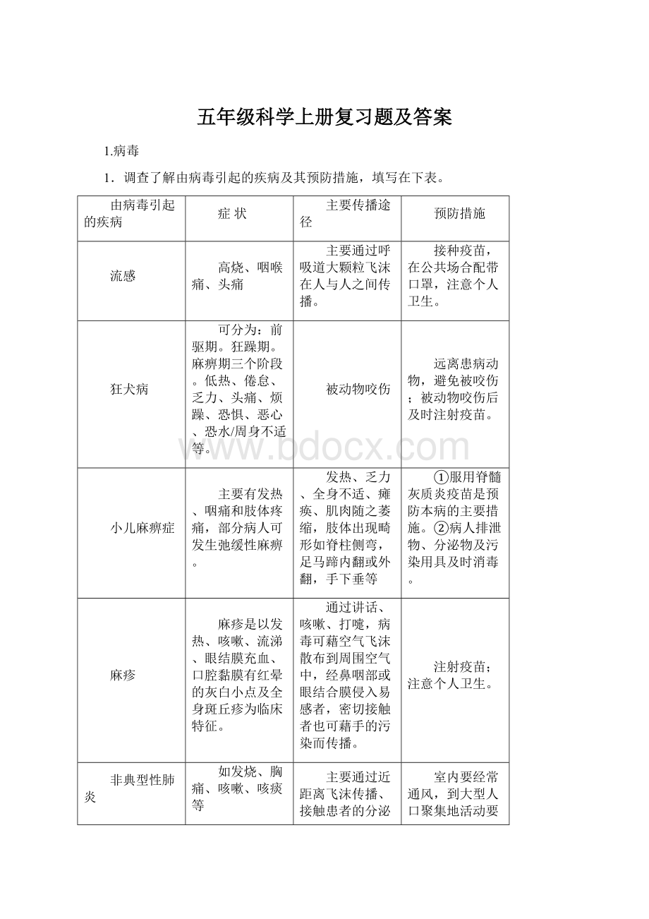 五年级科学上册复习题及答案.docx