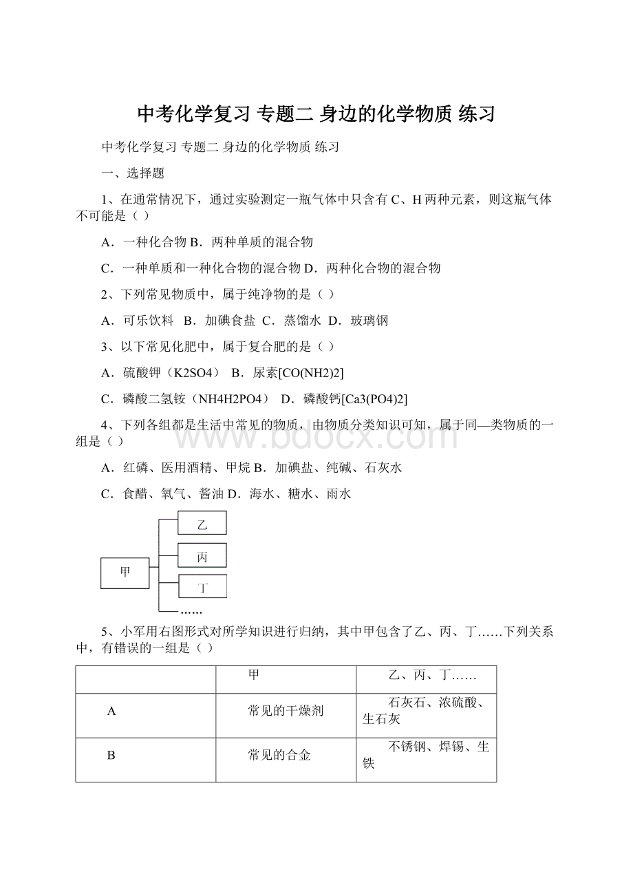 中考化学复习 专题二 身边的化学物质 练习.docx