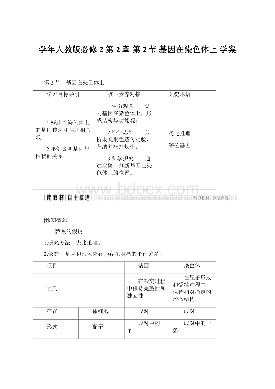 学年人教版必修2 第2章 第2节 基因在染色体上 学案.docx