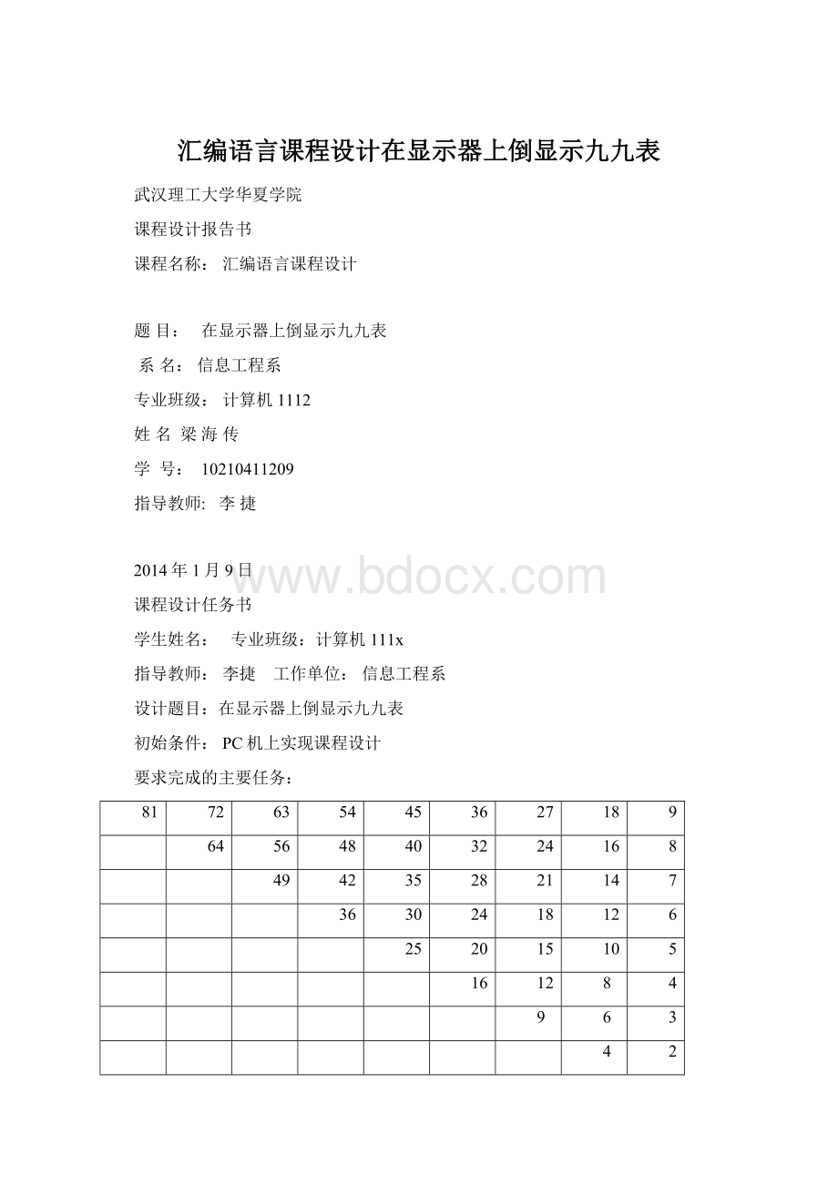 汇编语言课程设计在显示器上倒显示九九表Word文档格式.docx_第1页