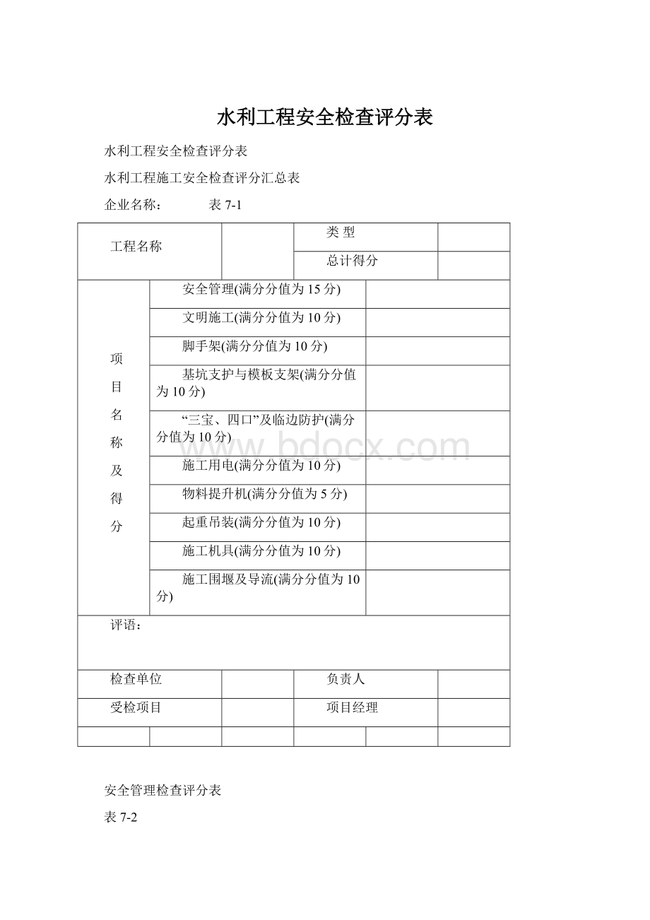 水利工程安全检查评分表Word文档下载推荐.docx