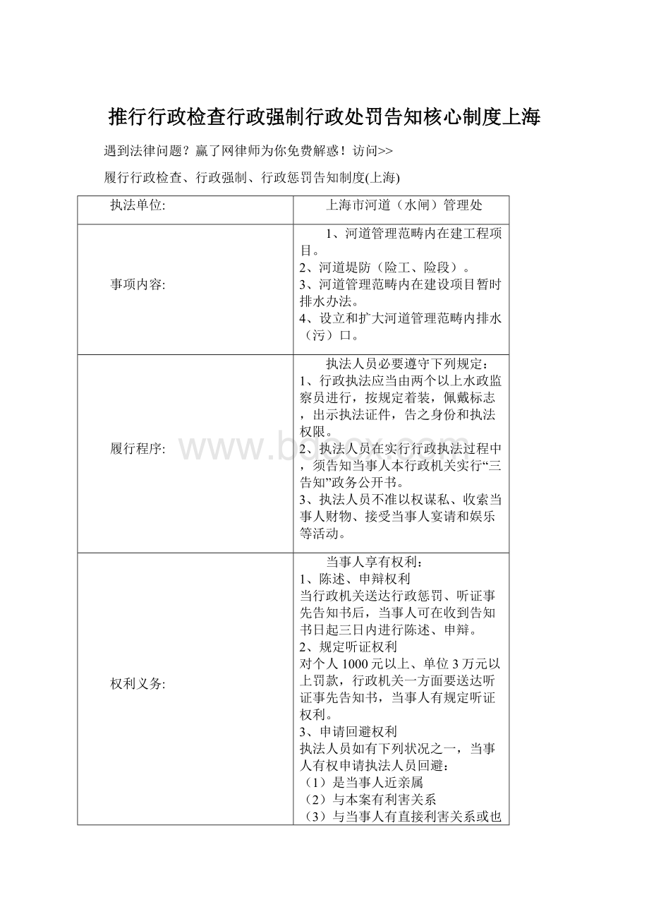 推行行政检查行政强制行政处罚告知核心制度上海文档格式.docx