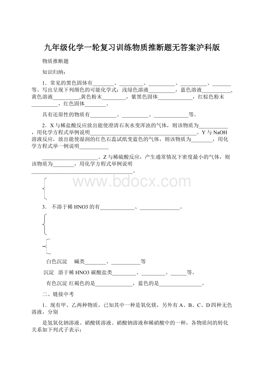 九年级化学一轮复习训练物质推断题无答案沪科版.docx_第1页