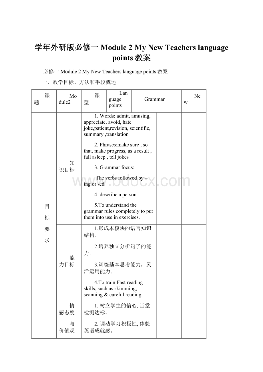 学年外研版必修一Module 2 My New Teachers language points教案Word格式文档下载.docx_第1页