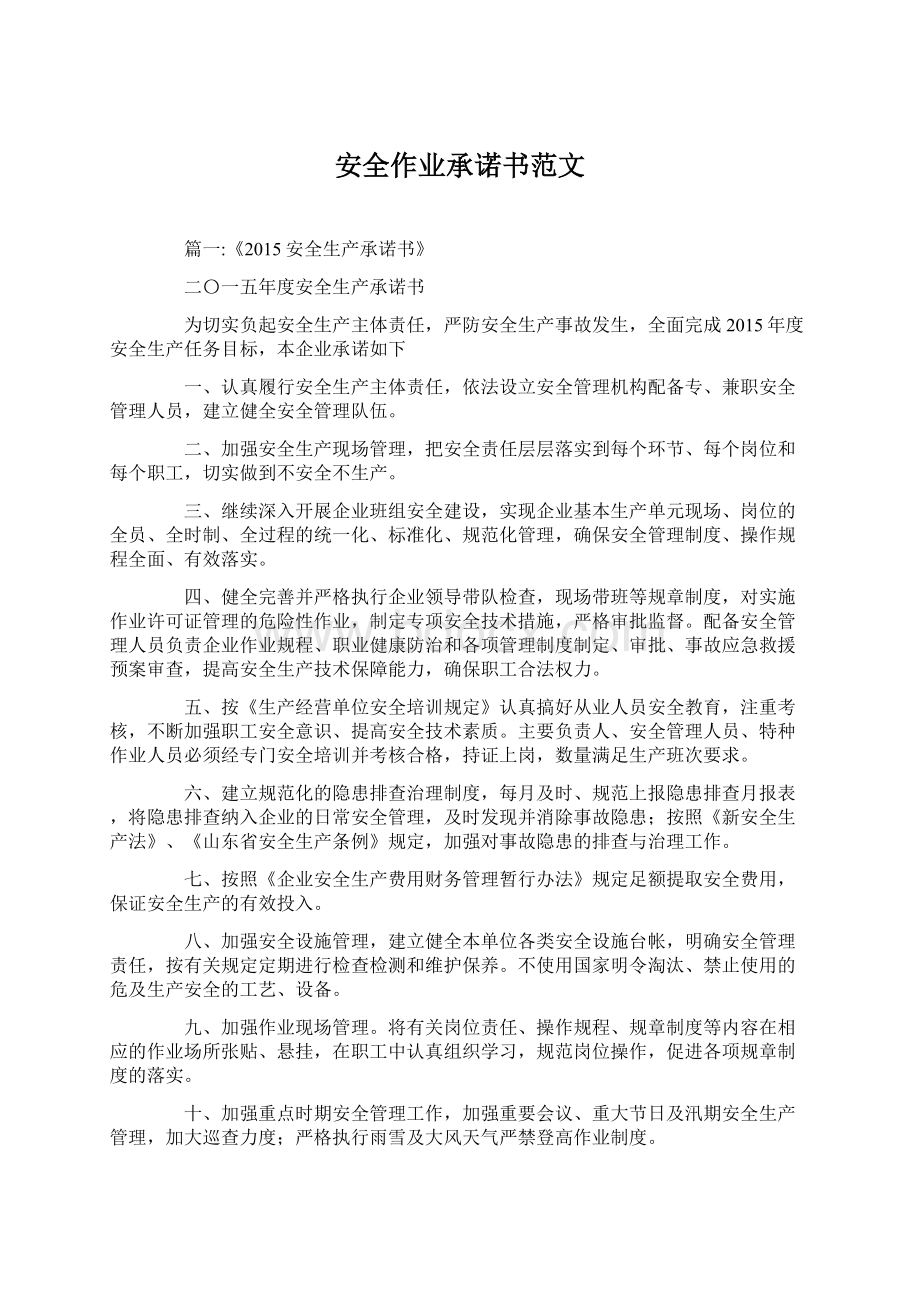 安全作业承诺书范文Word格式.docx