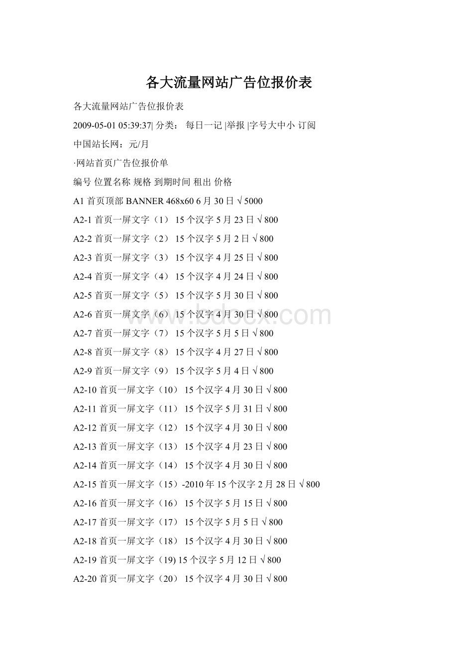 各大流量网站广告位报价表Word文档下载推荐.docx