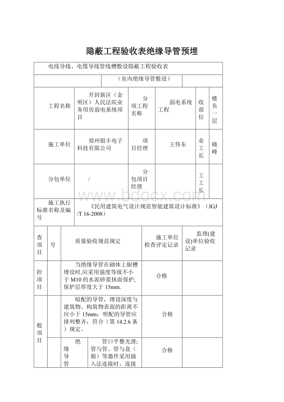 隐蔽工程验收表绝缘导管预埋.docx_第1页