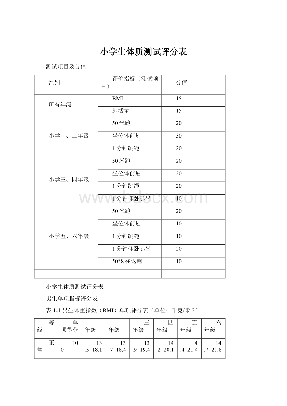 小学生体质测试评分表Word下载.docx