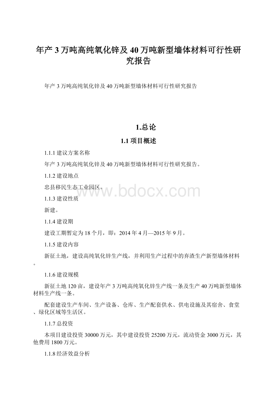 年产3万吨高纯氧化锌及40万吨新型墙体材料可行性研究报告.docx_第1页