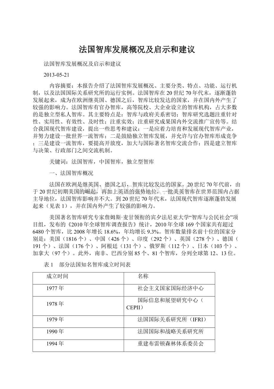 法国智库发展概况及启示和建议Word文档下载推荐.docx